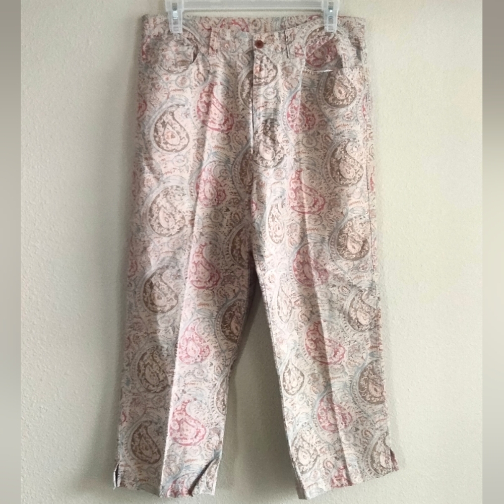 Ralph Lauren Size 12p Paisley Print Tan Pink And Teal Linen And Cotton Pants